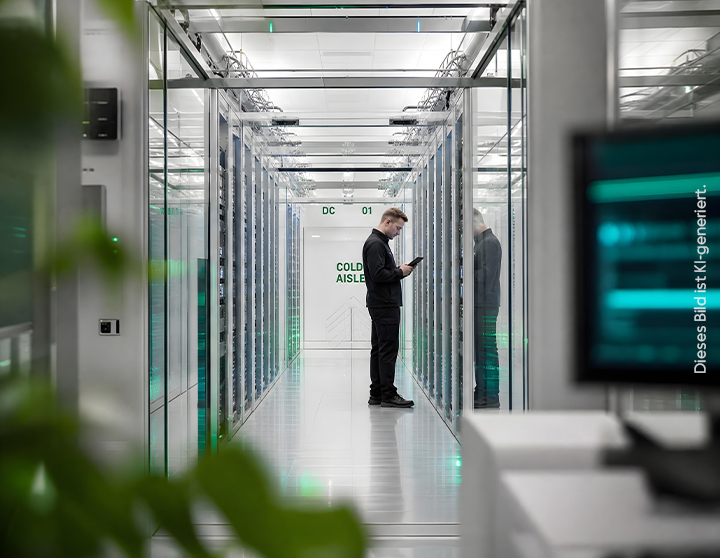 Ein Mann in einem schwarzen Anzug arbeitet in einem Serverraum.