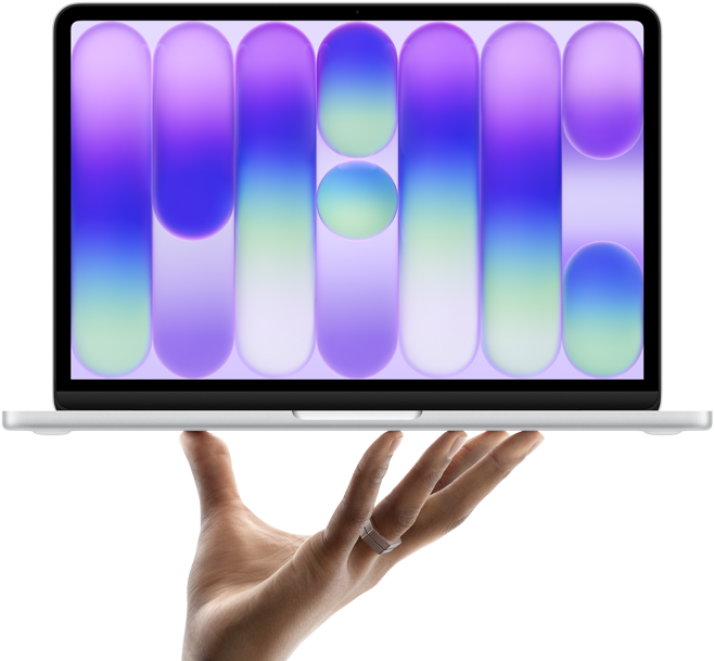 Apple MacBook Neo. Eine Hand hält das neue MacBook Neo in Silber hoch.