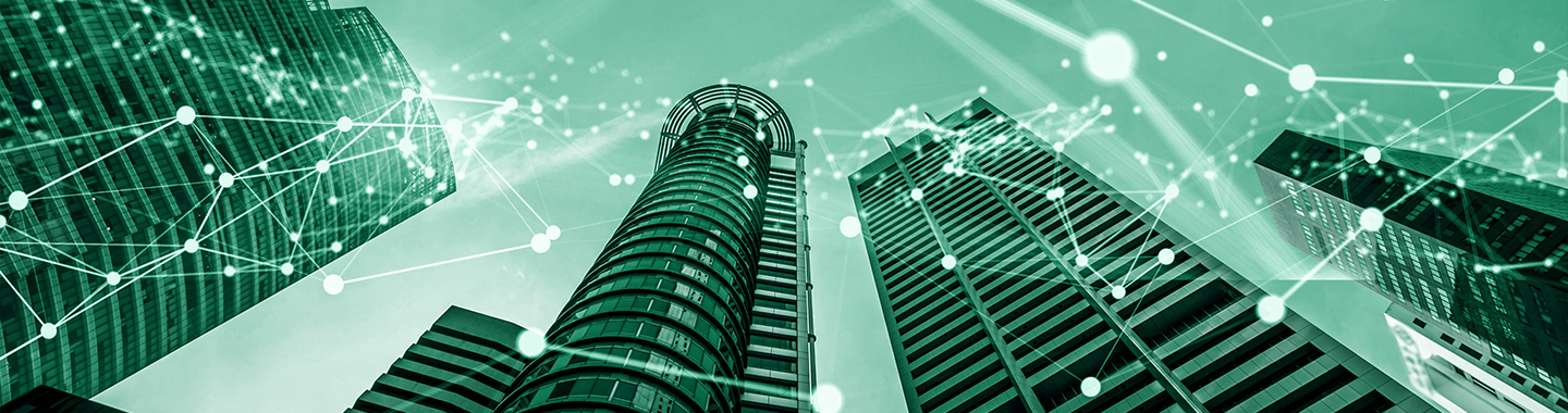 View of the high building from the ground - over the buildings is a flowing internet network