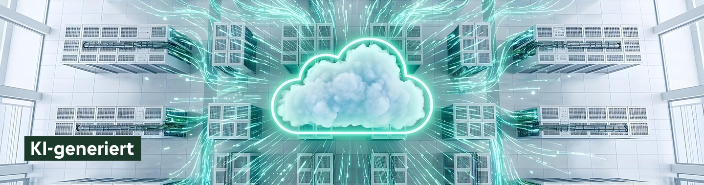 Ein Neon-Wolken-Schild schwebt unter einem Serverraum.