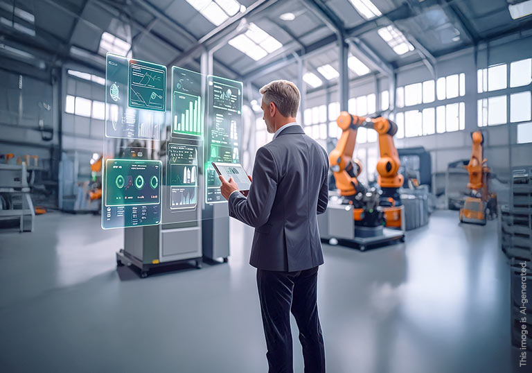 A man standing in a production hall and using IoT.