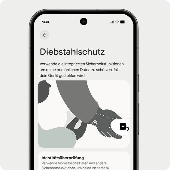 Smartphone-Bildschirm zeigt Diebstahlschutzfunktion mit Anleitung zum Schutz persönlicher Daten bei Geräteverlust