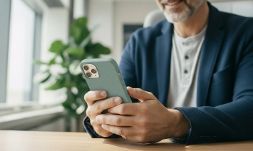 Mann hält Smartphone im Büro