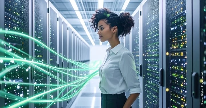 IT-Spezialistin güberprüft einen modernen Serverraum, umgeben von leuchtenden Datenströmen, Symbol für digitale Sicherheit und Netzwerktechnologie