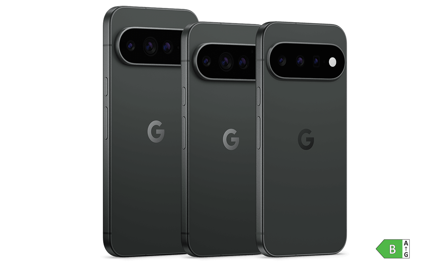 Drei schwarze Google Pixel Smartphones mit unterschiedlichen Kameramodulen nebeneinander stehend