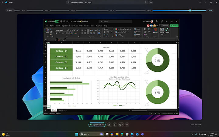 Bildschirm mit Recall Chronik auf einem Copilot+ PC