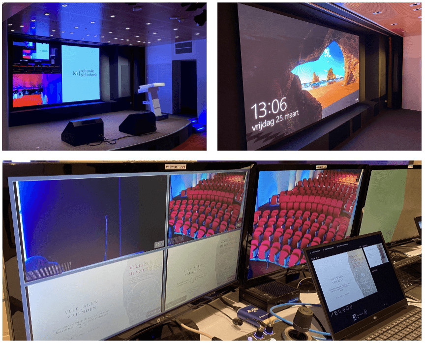 A sequence of images depicting a presentation taking place in a theater setting, showcasing the audience and speaker.