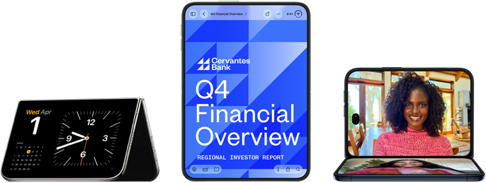 Three different foldable smartphones displaying calendar, financial overview, and video call in a modern setting