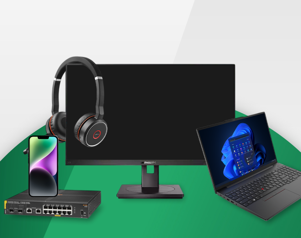 Image of different peripherals such as monitor, laptop, headset and smartphone