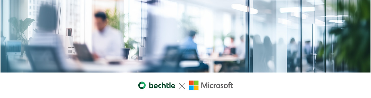 Moderne Büroumgebung mit Mitarbeitenden bei der Arbeit und Logos von Bechtle und Microsoft als Partner