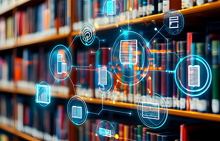 Bookshelves with a schematic representation of the school network system