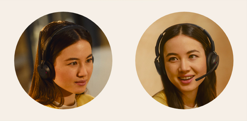 A woman wearing a black Jabra headset, once without the microphone arm and once with it extended.