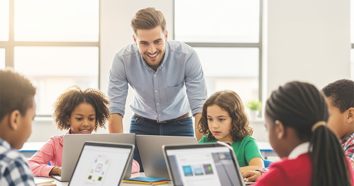 Teacher in classroom with children on laptops.