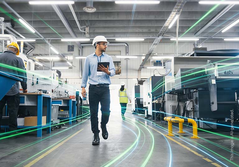 An employee walks through the production area with a tablet in his hand