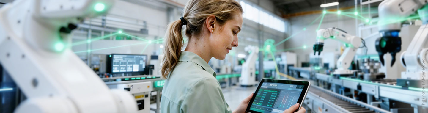 A woman is monitoring production using VR glasses