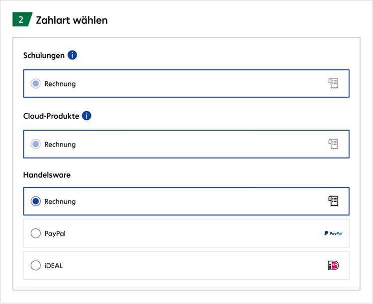 Checkout Schritt 2: Zahlart wählen