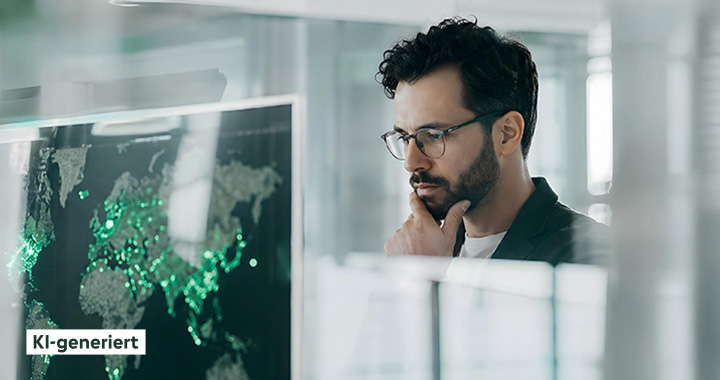 Mann in moderner Arbeitsumgebung analysiert digitale Daten auf großem Bildschirm