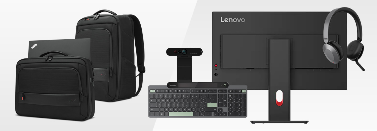Produktcollage mit Monitor, Headset, Tastatur, Webcam, Rucksack und Tasche