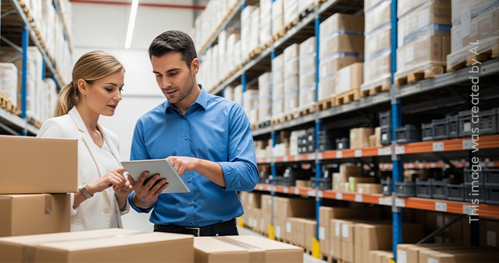 A man and a woman using a tablet while working in a warehouse