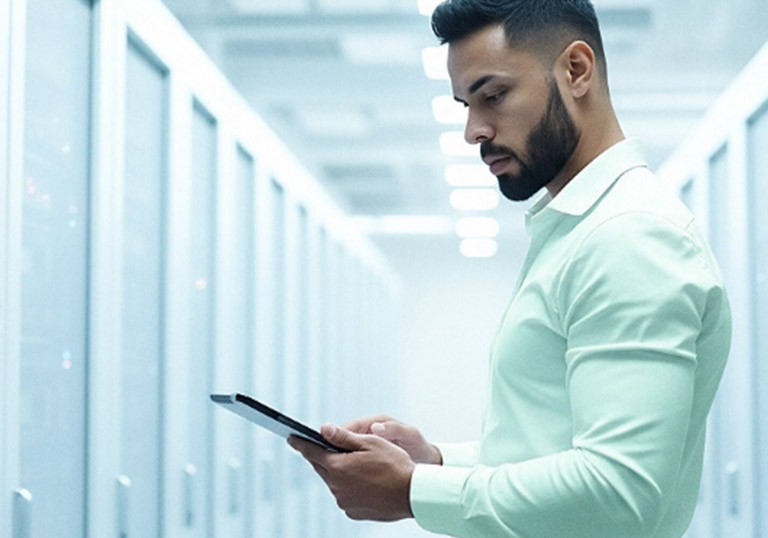 Ein Mann steht in einem Serverraum und schaut auf ein Tablet