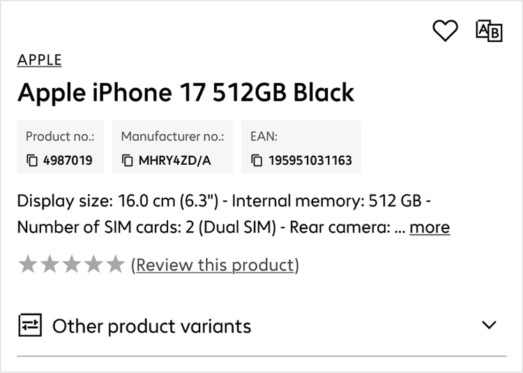 Top section of the shopping area on the product details page