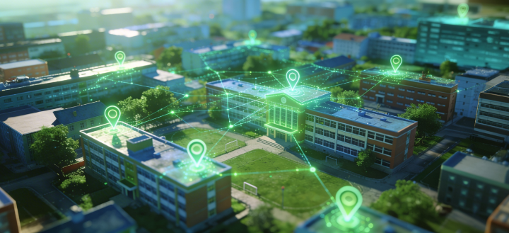 View from above of a city covered with a green network lines