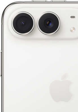 Close-up of the back of a white smartphone with dual camera and Apple logo