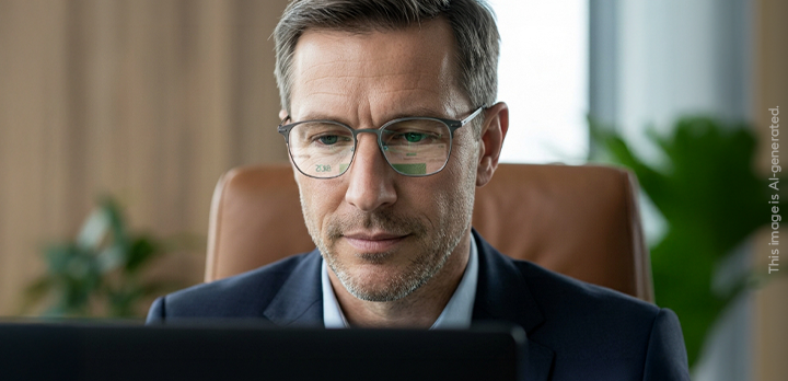 A man in glasses is sitting in the office and working on a computer