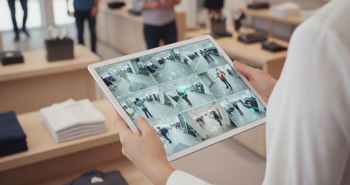 Tablet zeigt Videoüberwachung im Bekleidungsgeschäft