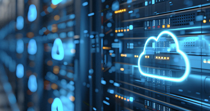 Server room with glowing cloud icon representing private cloud and digital data processing