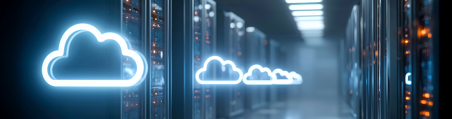 Neon-Wolken-Symbol über einem Rechenzentrum