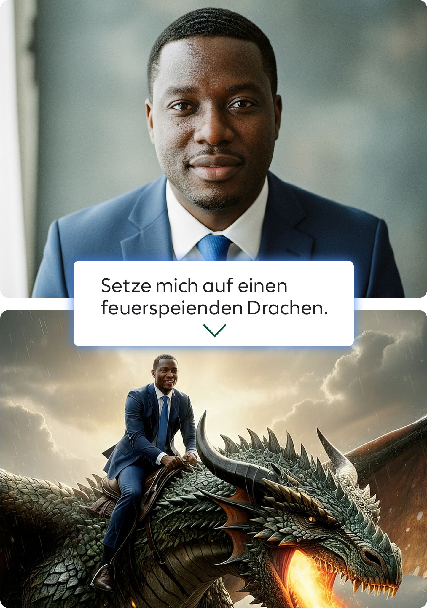 Mann reitet auf einem feuerspeienden Drachen