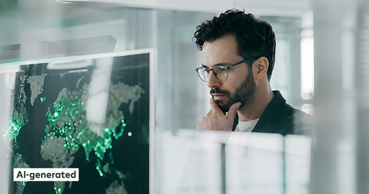 Man in modern work environment analyzing digital data on large screen for decision making