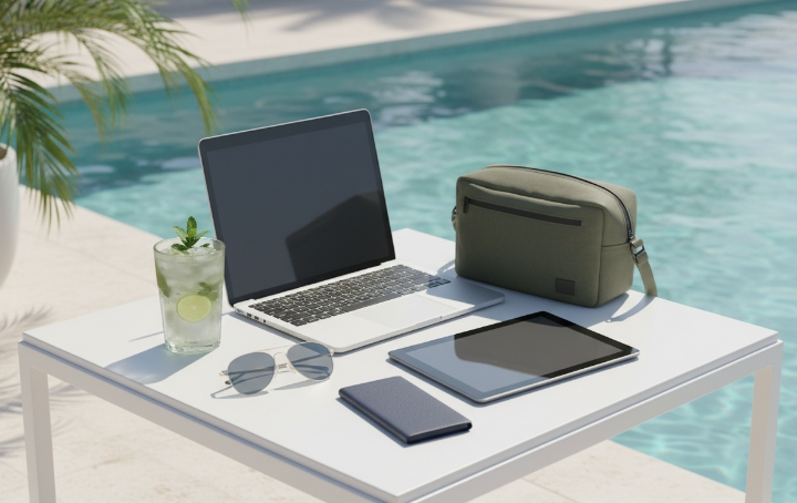 Laptop, Tablet und Smartphone auf Tisch am Pool