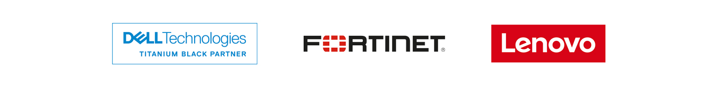 Logos Dell Technologies, Fortinet, Lenovo