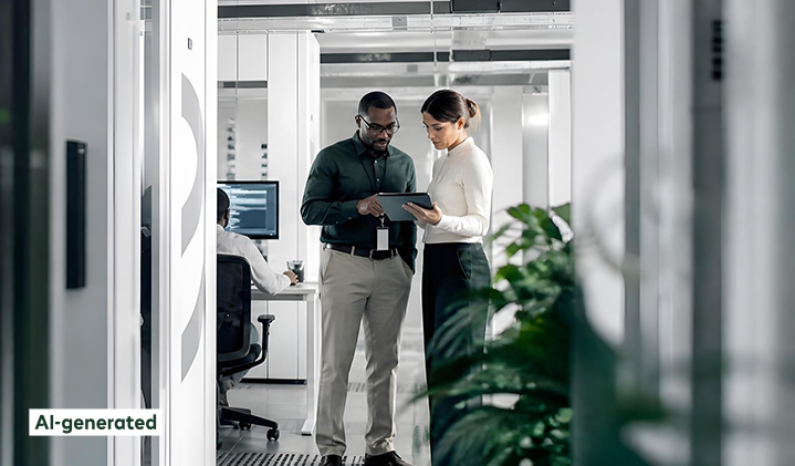 A man and a woman are talking in an office