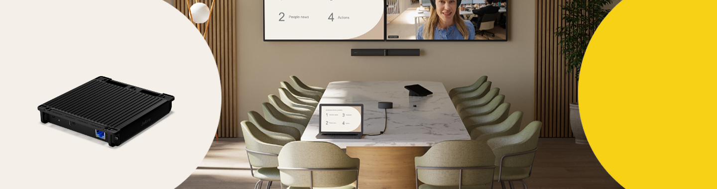 Jabra Reach: Moderner Konferenzraum mit Jabra Videokonferenzlösung und angeschlossenem Steuerungsgerät.