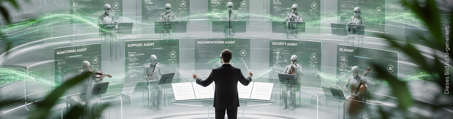 Der Dirigent dirigiert eine agentische KI in Form menschenähnlicher Roboter, die Musikinstrumente spielen.
