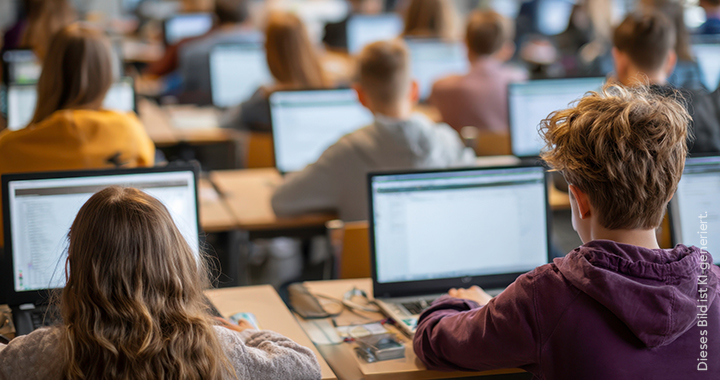 Blick in ein Klassenzimmer, in dem Schüler an Laptops arbeiten.