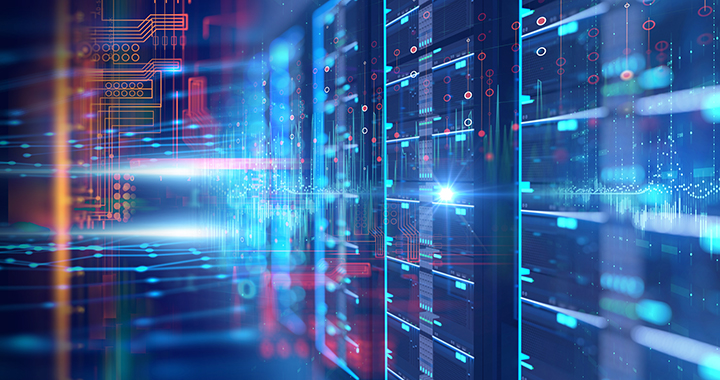 Datacenter server working with light reflexions.