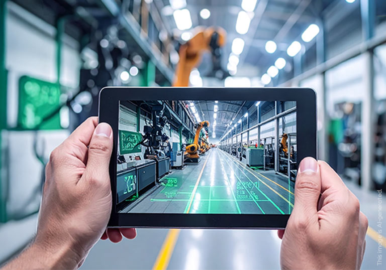 a tablet that shows IoT in a production hall