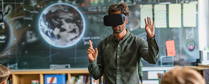 A teacher teaches children wearing AR glasses