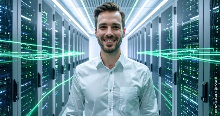 IT-Spezialist lächelt und steht in einem modernen Serverraum, umgeben von leuchtenden Datenströmen, Symbol für digitale Sicherheit und Netzwerktechnologie