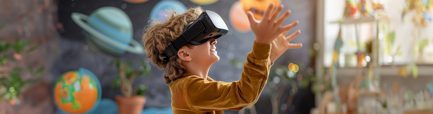 A little boy studying with AR glasses