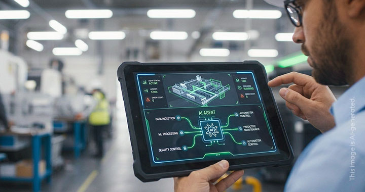 A man is overseeing production via AI agents on a tablet