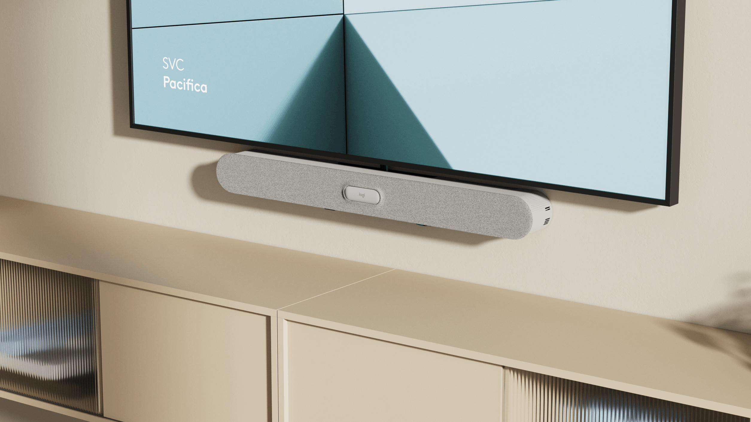 Wandmontierte Soundbar unter einem Flachbildschirm mit modernem Design in einem Wohnraum