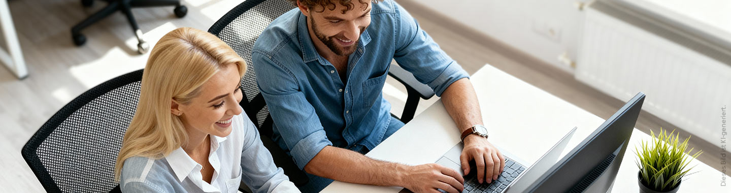 Ein Mann und eine Frau schauen glücklich in ihre Laptops.