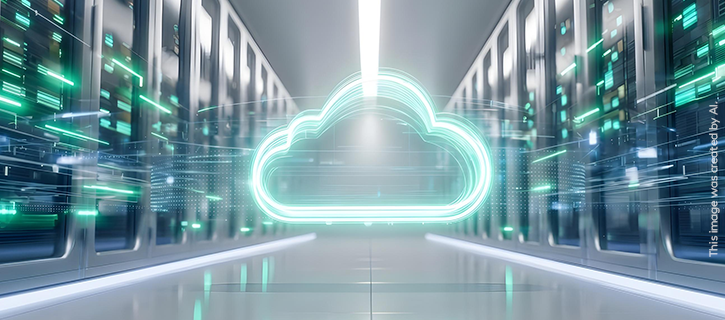 An image of a neon cloud sign in a server room