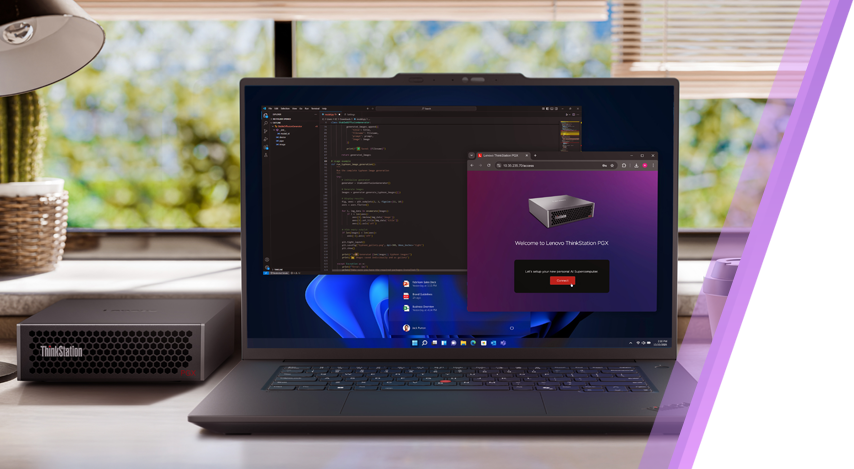 Auf dem Schreibtisch vor dem Fenster steht eine Lenovo ThinkStation PGX Workstation.
