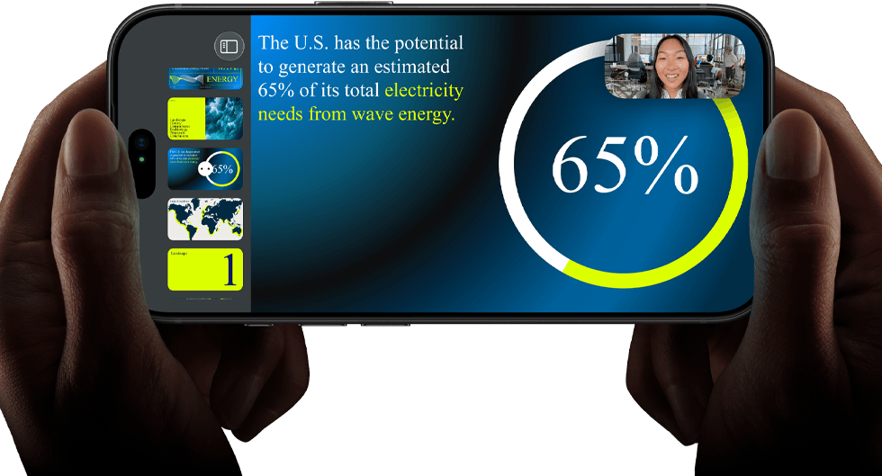 Person holding smartphone with video call and presentation on renewable energy and wave power